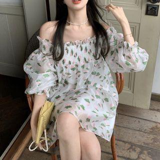 Off-shoulder Floral Mini A-line Dress Pink Floral - White - One Size