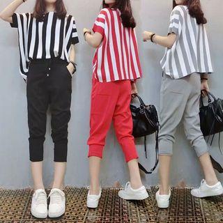 Set: Short-sleeve Striped Top + Cropped Harem Pants