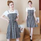Mock Two-piece Short-sleeve Gingham A-line Dress