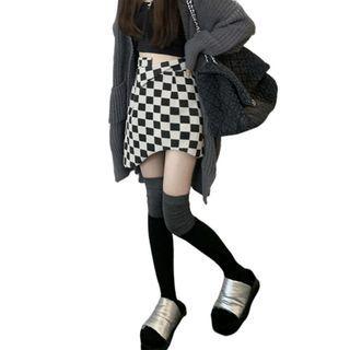 Check Asymmetrical Mini Pencil Skirt