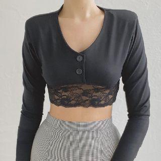 Lace Trim Button-up Long Sleeve Cropped Top