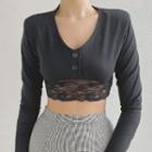 Lace Trim Button-up Long Sleeve Cropped Top
