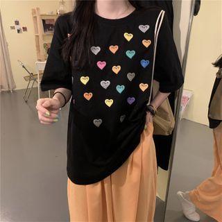 Heart Print Short-sleeve T-shirt Black - One Size