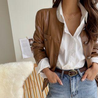Round-neck Faux Leather Jacket