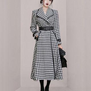 Collared Houndstooth Midi Coat
