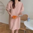 Puff-sleeve V-neck Loose-fit Mini Dress Pink - One Size