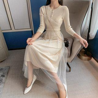 Button-trim Tulle-overlay Long Knit Dress