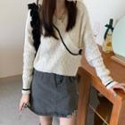 V-neck Sweater / Distressed A-line Denim Skirt