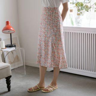 Wrap-front Buttoned Long Floral Skirt