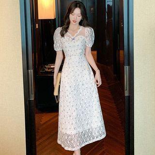 Short Sleeve V-neck Mesh Panel Floral Lace Midi Dress