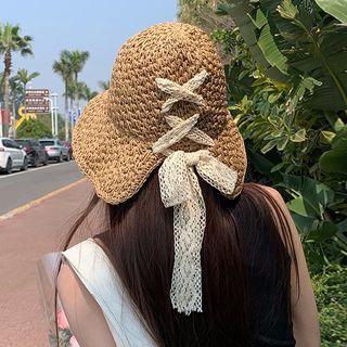Lace Bow Straw Sun Hat Light Coffee - One Size