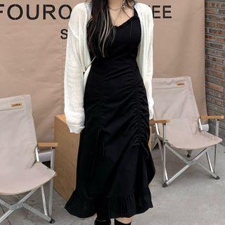 Spaghetti Strap Drawstring Midi A-line Dress / Puff-sleeve A-line Dress