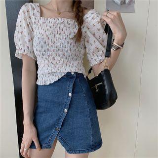 Short-sleeve Floral Print Shirred Chiffon Top