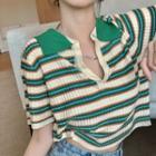 Short-sleeve Collar Striped Knit Top Stripe - Green - One Size