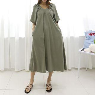 V-neck Shirred-trim Midi Dress