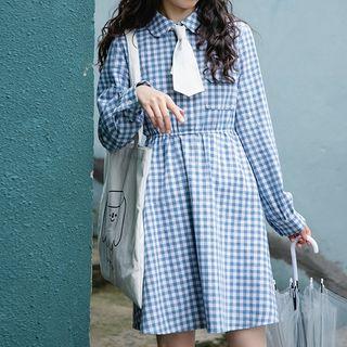 Tie-neck Plaid Skinny Dress