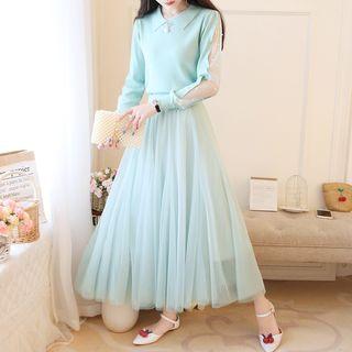 Set: Long-sleeve Mesh Paneled Knit Top + A-line Maxi Skirt