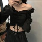 Off-shoulder Drawstring Ruched Long-sleeve Top Black - One Size
