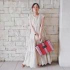 Short-sleeve Tiered Lace Maxi A-line Dress Off-white - One Size