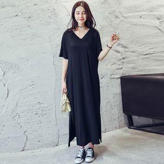Short-sleeve Maxi T-shirt Dress Black - One Size