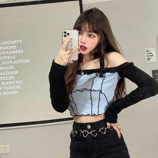 Long-sleeve Off-shoulder Two-tone Crop Top