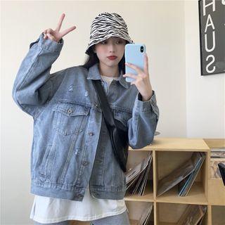 Ripped Denim Cropped Jacket Blue - One Size