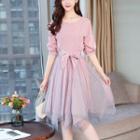 Set: Pinstriped Elbow-sleeve Top + Sheer Panel A-line Skirt