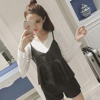 Set: Faux Leather Spaghetti Strap Top + Long-sleeve T-shirt