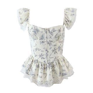 Sleeveless Lace Trim Floral Corset Top