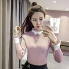 Bow Accent Frill Collar Knit Top