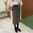 Slit-side Checked Wool Blend Midi Skirt