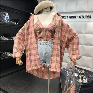 Set: Check Long-sleeve Shirt + Camisole Top