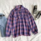 Color-block Plaid Single-breasted Long-sleeve Blouse Purple - One Size