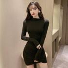 Long-sleeve Mock-neck Asymmetric Dress