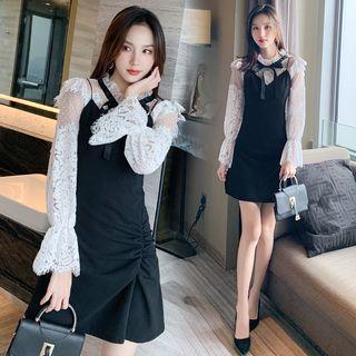 Set: Tie-neck Lace Blouse + Ruched A-line Mini Pinafore Dress