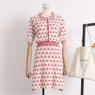 Set: Lightweight Heart-print Knit Blouse + A-line Skirt