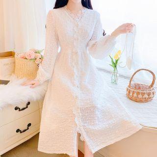 Long-sleeve Plain Lace Long Dress