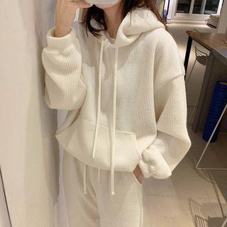 Long-sleeve Plain Hoodie + High-waist Drawstring Sweatpants
