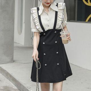 Short-sleeve Mock Two-piece Ruffle Mini Collared Dress