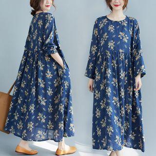 Floral Print Long-sleeve Maxi A-line Dress Blue - One Size