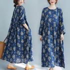 Floral Print Long-sleeve Maxi A-line Dress Blue - One Size