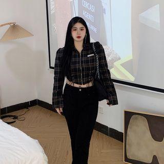 Lace-up Plaid Cropped Zip Jacket