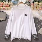 Long-sleeve Checkered Panel Distressed T-shirt White - One Size