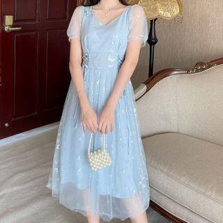Short-sleeve Lace-up Butterfly Print Midi A-line Mesh Dress