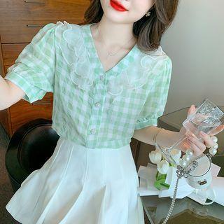 Short-sleeve Gingham Ruffle Beaded Blouse