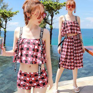 Set: Houndstooth Lettering Ruffled Swim Top + Swim Shorts