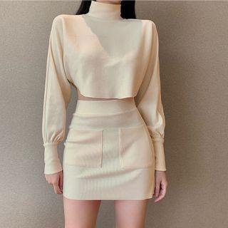 Set: Mock-neck Blouse + Mini Pencil Skirt