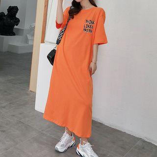 Elbow-sleeve Plain Crewneck Print Lettering Crop Loose-fit Long Dress