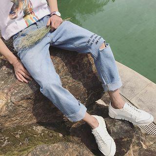 Lettering Embroidered Ripped Straight-cut Jeans