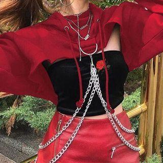 Set: Cropped Hoodie With Chain + Embroidered Rose Tube Top